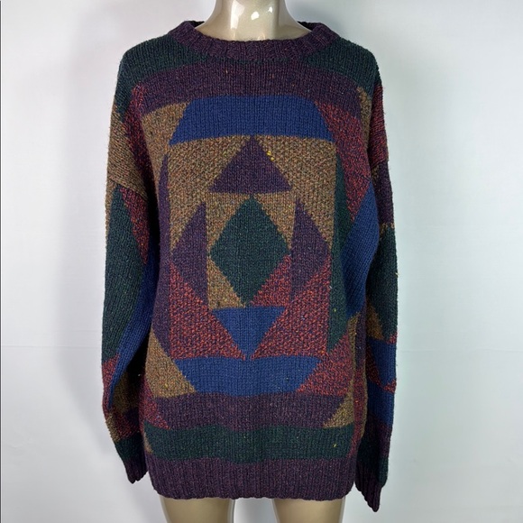 Vintage Ralph Lauren 100% Wool Hand Knit Colorful Geometric Knit Sweater